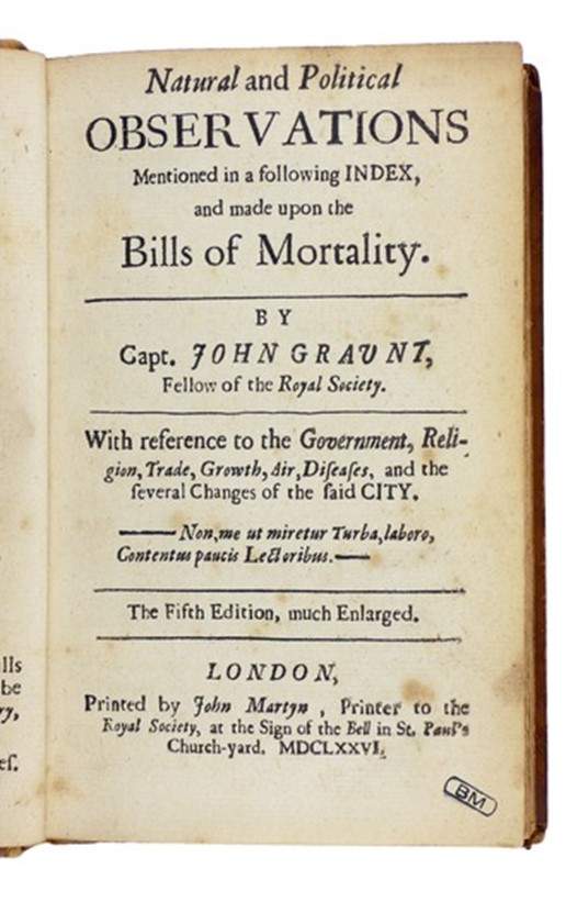 Portada del llibre de John Graunt, Observations on the Bills of Mortality (1662)