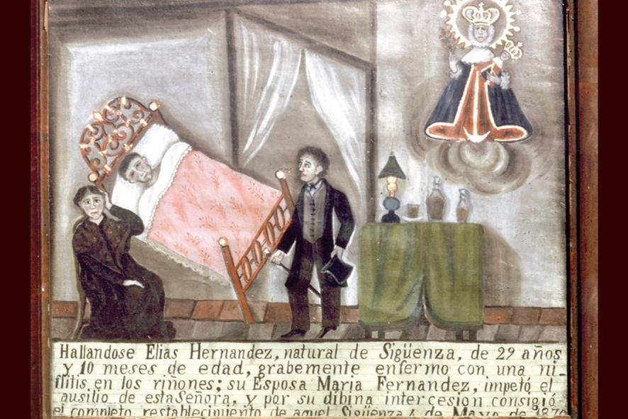 Exvot de l'ermita de Ntra. Sra. de la Salud de Barbatona (Guadalajara). Els pares fan companyia al pacient mentre esperen que la Verge faci el miracle de curar-lo d’una “niflitis” (nefritis) als ronyons