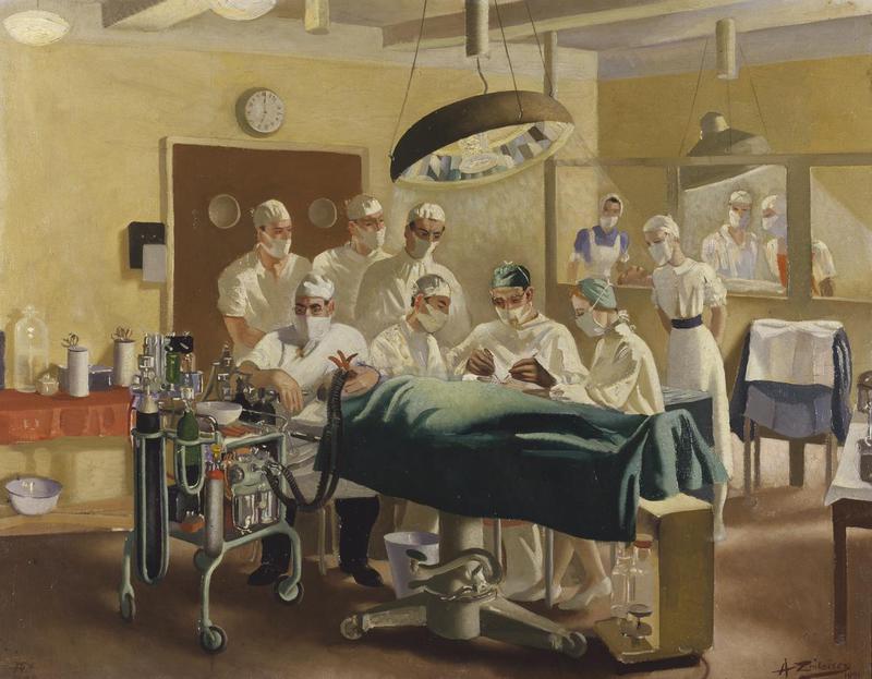 El cirurgià plàstic Archibald McIndoe realitzant una operació en un quiròfan del Queen Victoria Plastic and Jaw Injury Centre a East Grinstead, Sussex, pintat per Anna Zinkeisen,1944
