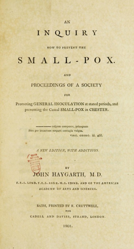 Portada del llibre de John Haygarth en el que fa recomanacions per la prevenció de la verola