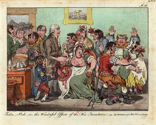 Dibuix satíric que mostra com als vacunats els hi surten banyes o caps petits de vaques