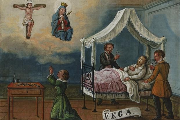 Un malalt allitat és visitat per dos metges, mentre la dona resa al sant Crist i a la marededéu