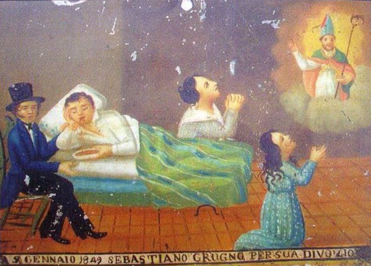 Hemoptisi de l'home ajagut que té el metge al costat, identificat pel barret de copa. 
Dues dones, la mare i la germana estan resant.