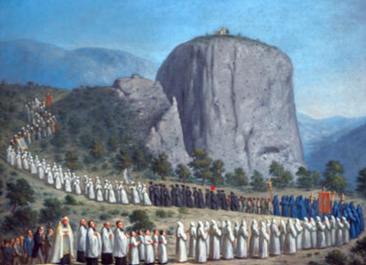 Exvot que mostra una processó religiosa de Penitents blancs caminant cap a la capella que hi ha sobre la roca de Castellane, població de la Provença (França), que va patir un brot de còlera el 1835