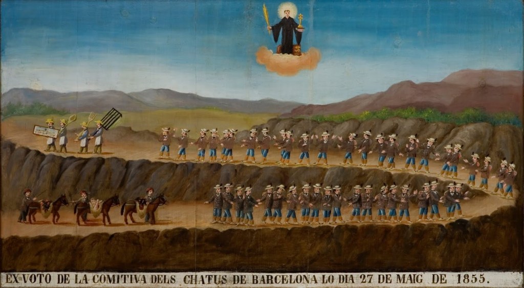 Agraïment de la colla dels xatos del Raval a sant Muç, patró de Rubí, per haver alliberat de l'epidèmia de còlera a Barcelona el 1854, que es desplaçava cap el Vallès