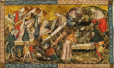 Ciutadans de Tournai enterrant víctimes de la pesta negra. Miniatura de Pierart dou Tielt, c. 1353