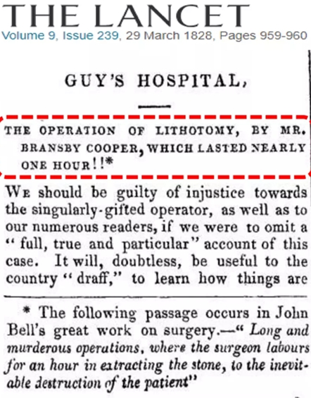 Passatge del Lancet on s’esmenta que la litotrícia que va fer el Dr. Bransby Cooper va durar una hora, i quan dura aquest temps els malalts no ho resisteixen