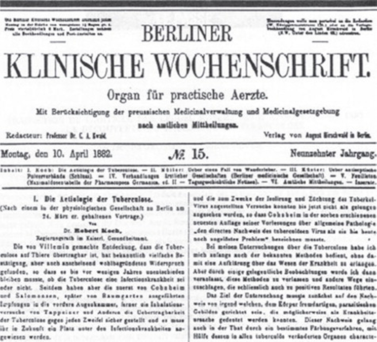 Primera pàgina de l'article setmanal de Koch publicat el 1882 on descriu que ha cultivat el bacil de la tuberculosi