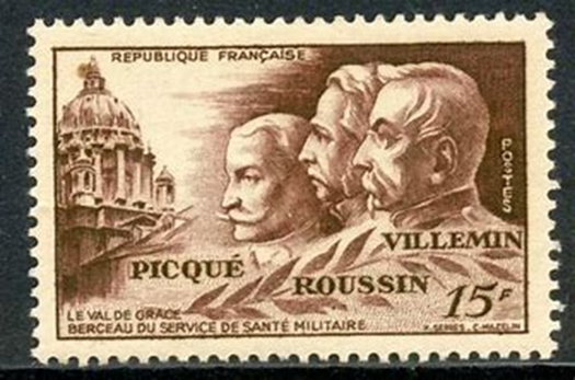 Segell que homenatja tres metges, Villemin, Picqué i Roussin, així com a l'Hospital Val-de-Grâce de Paris