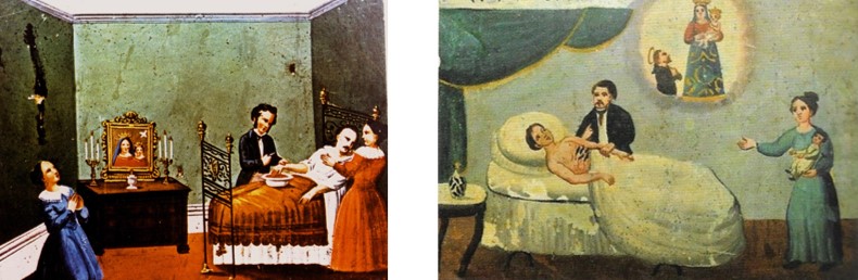 Retaulons pintats del segle XIX que mostren a l'esquerra un malalt allitat sotmès a una sagnia i a la dreta un malalt a qui el metge li acaba de posar sangoneres a la panxa