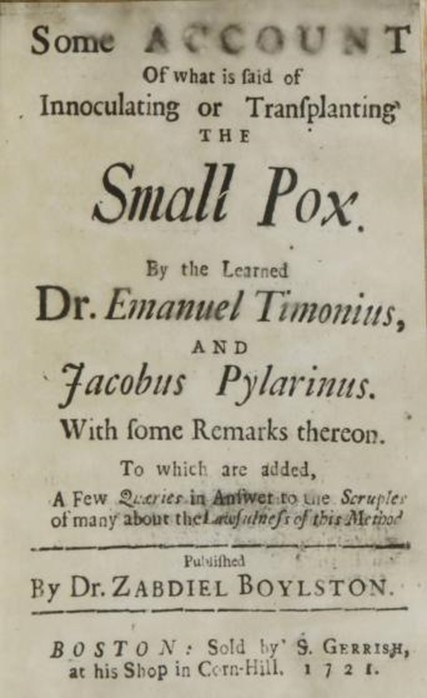 Portada del llibre del Dr. Boylston exposant les experiències de variolització dels Drs. Timoni i Pylarini