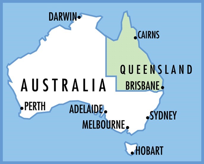 Mapa d'Austràlia, en el que es distingeix la regió de Queensland (en verd) i les principals ciutats australianes