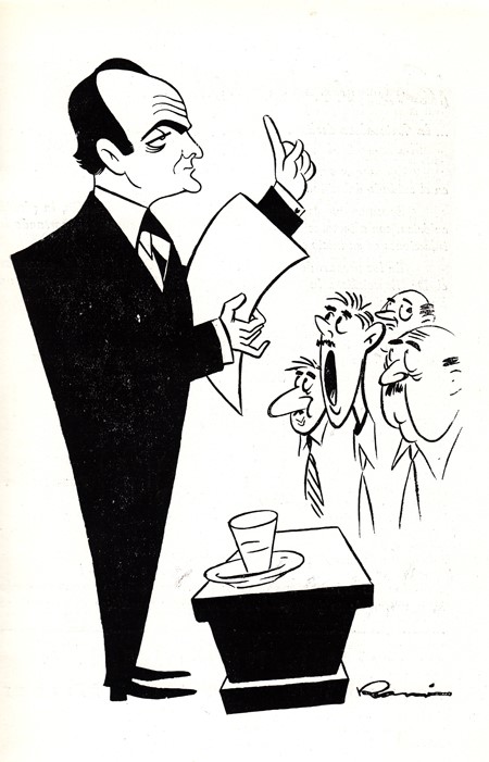 Lluís Celis Pujol en una caricatura de Ramon, publicada al núm.17 de la revista ‘Doctorado Médico’, c.1955. [R Celis]