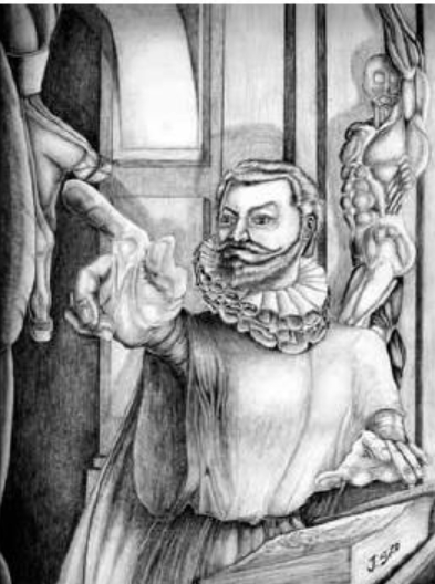 El professor ensenyant el procediment quirúrgic, ajudant-se amb reproduccions en fusta que utilitza en el Teatre Anatòmic