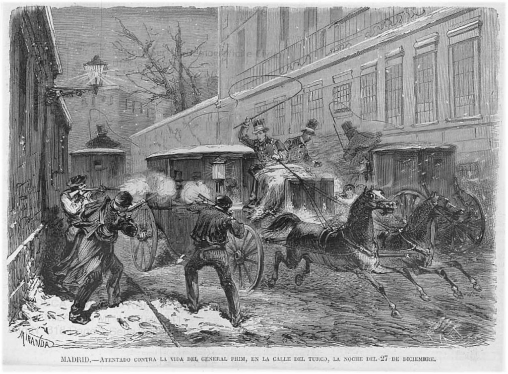 Atemptat al general Prim. Tres cotxes bloquegen el pas del cotxe que duu el general Prim del Congrés de diputats a casa seva, i li disparen amb trabucs, ferint-lo greument