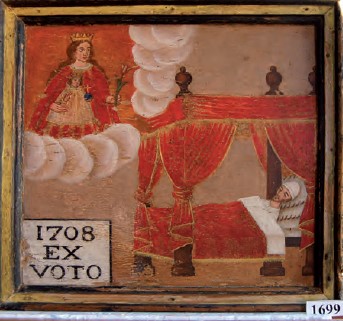 Exvot de principi del segle XVIII en el que es veu un malalt amb gorra de dormir, dins del llit, pregant a la Verge per a la seva curació. Fons del Museu Etnogràfic de Ripoll.