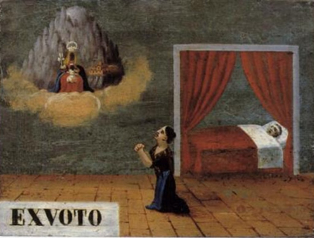 Exvot del Museu de Montserrat, en el que l'esposa d'un malalt, allitat en la recambra del fons a la dreta de la imatge, resa a la Verge de Montserrat pregant per la curació del seu home