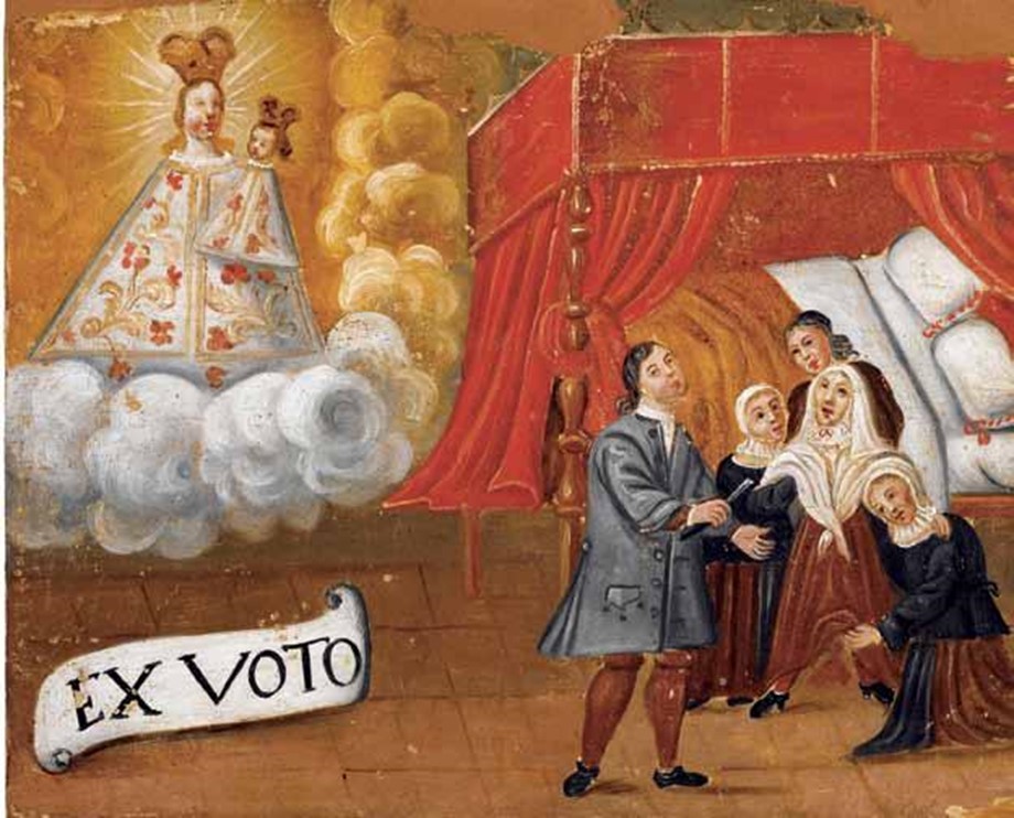 El metge amb una bata gris, saluda els familiars de la malalta, que s'aixeca del llit per saludar el metge. Exvot del convent del Miracle, Solsona.