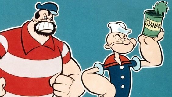 Brutus amenaçant Popeye, que no mostra por perquè està punt de prendre's una llauna d'espinacs