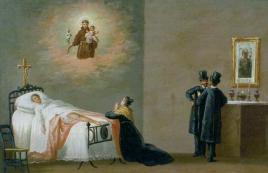 Retauló pintat de l'església de Sant Antoni, Pàdua. Dos metges enraonant entre ells a un racó de la cambra del malalt, mentre l'esposa del malalt prega demanant la curació del marit a Sant Antoni.