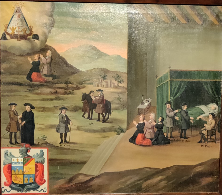 Junta de metges en un retauló del museu Etnogràfic de Ripoll. És l'hora d'arribada dels metges a la junta. Dos estan entrant a casa del malalt, davant de la qual tres dones resen. Un ha baixat del cavall, un altre està enraonant amb un capellà, i finalment un altre s'està acostant a la casa.