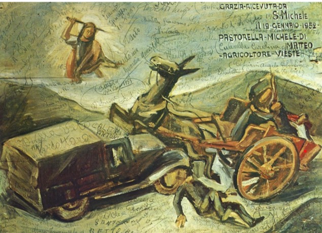 Automòbil que s'estavella contra un carro, tirant per terra l'home que el guiava. La intervenció divina va impedir que ningú prengués mal.