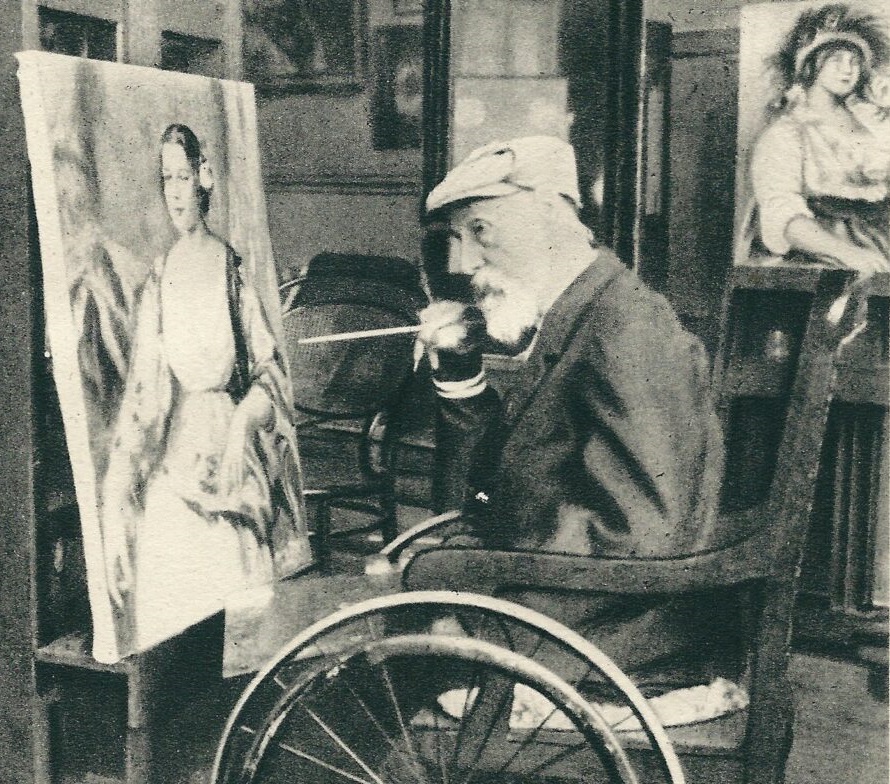Renoir pintant amb el pinzell lligat a la mà