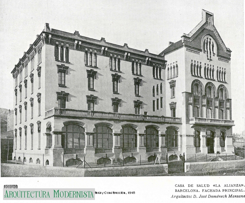 Postal de l'edifici de l'Aliança quan només estava construït el mòdul de la dreta de l'edifici