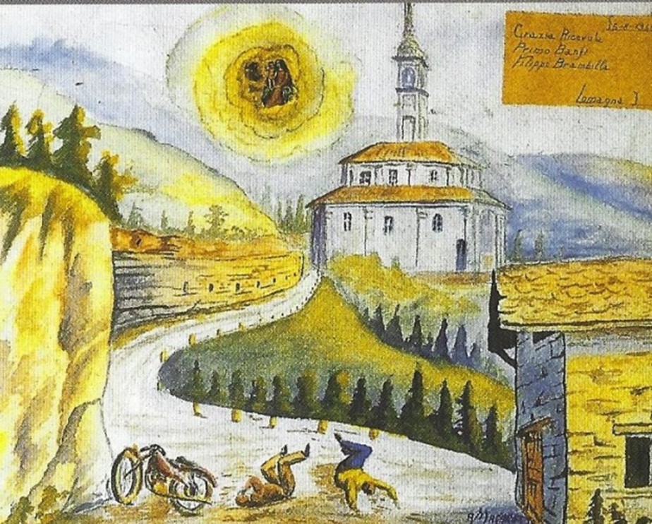 Caiguda de dos motociclistes pujant la carretera que porta al santuari de la Verge del Bosco, 1948