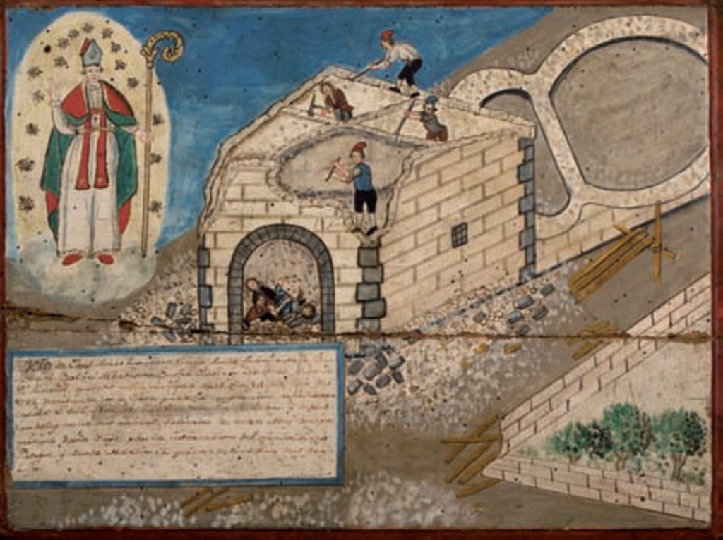 Caiguda d'un paleta en enfonsar-se la paret que estava aixecant. La invocació a sant Narcís va determinar que caigués sense fer-se mal. Museu de Girona