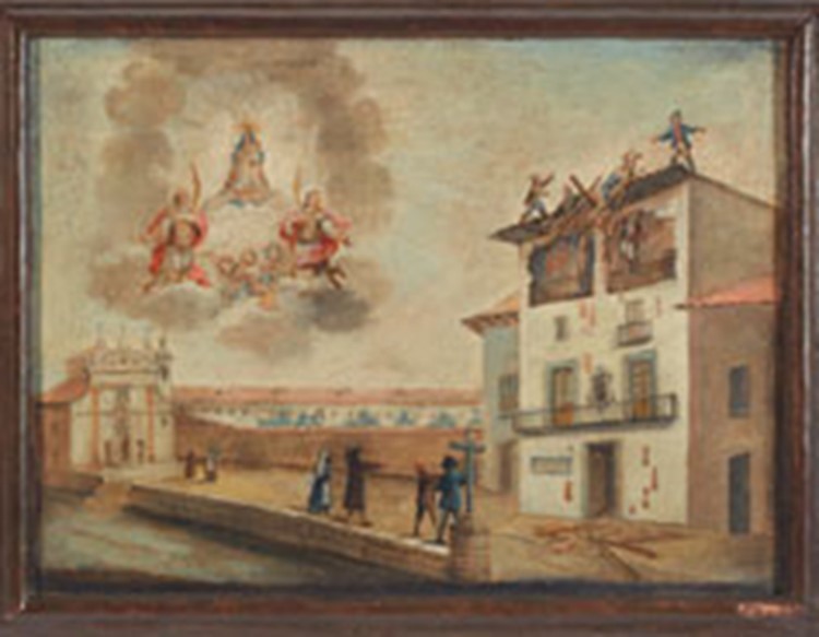 Vic als sants màrtirs. Caiguda de tres homes d'una teulada que estaven reparant, davant la sorpresa des que ho contemplen. El fet te lloc a l'actual carrer de Manlleu i s'hi veu l'edifici de l'antiga església i convent de sant Josep.