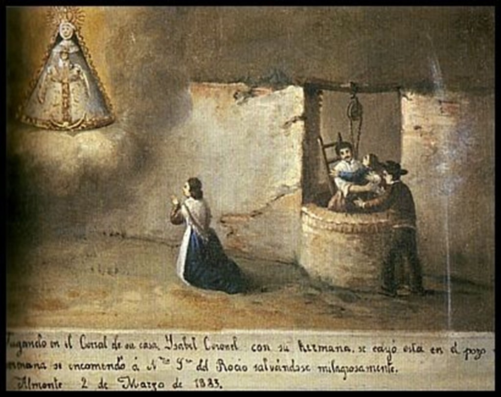 Caiguda dins un pou l'any 1885, ofrena al santuari de la Virgen del Rocío