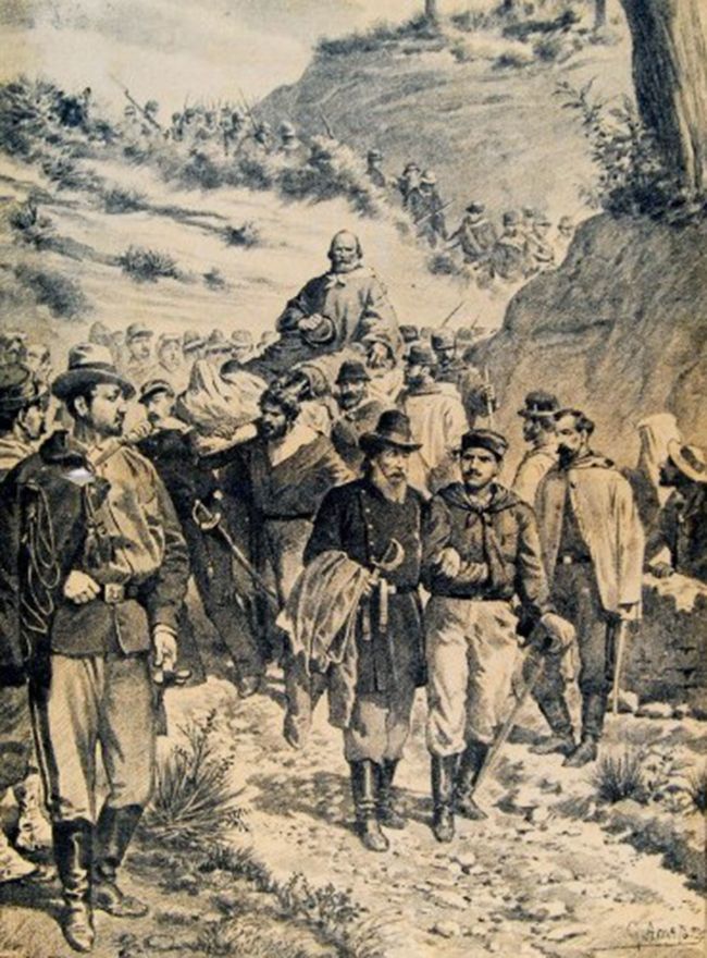 Garibaldi, ferit a la batalla d'Aspromonte, es transportat a braços dels seus soldats