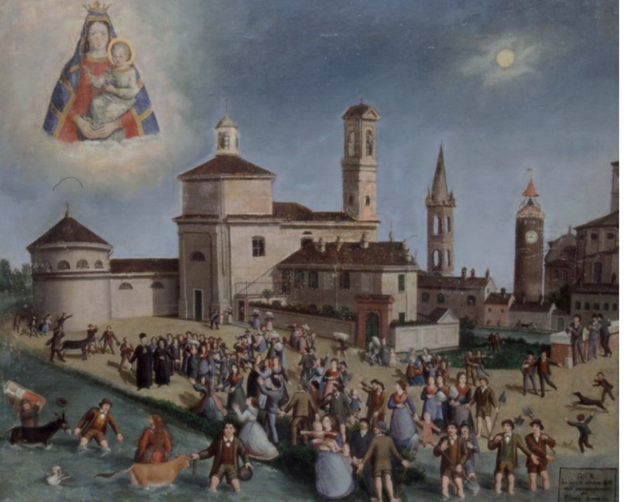 Inundació causada pel creixement sobtat d'un torrent que passa vora un poble