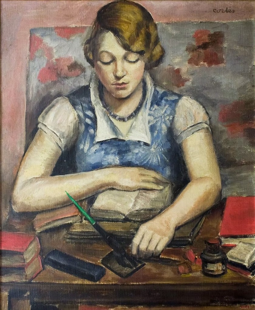 Carme Cortés, "Retrat de la seva filla Núria Aguadé Cortés", 1932. Oli de 73 x 60 cm. MNAC . Procedent de l'Ajuntament de Barcelona, 1946 en dipòsit a la Generalitat de Catalunya, Sindicatura de Greuges.