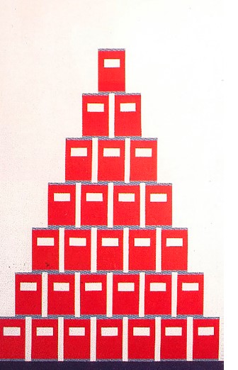 Carme Aguadé, Jerarquització, c. 1969-1972. Acrílic sobre tela. 146 x 89 cm. Reproduïda del catàleg Carme M. Aguadé. Cercle Artístic de Sant Lluc, 1970.