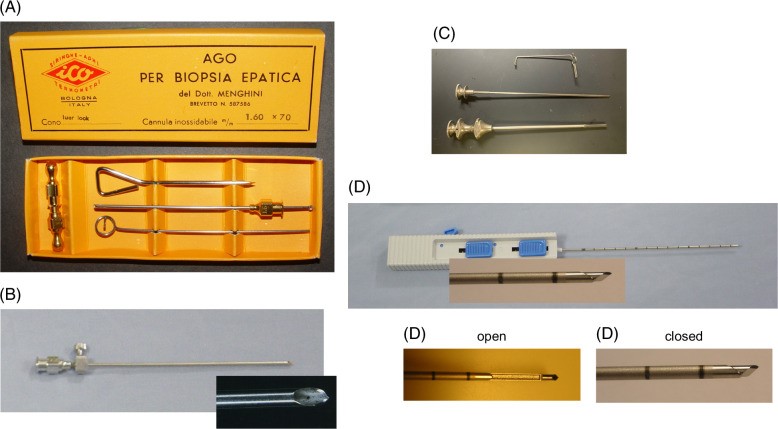 Quatre agulles per fer una biòpsia hepàtica percutània: (A) agulla de Menghini, (B) agulla de Klatskin. És una modificació de l'agulla de Menghini feta per Gerald Klatskin, el cap de la Unitat d'Estudis Hepàtics de la Yale University. (C) agulla de Vim Silverman i (D) agulla Tru-cut. La fotografia està presa de l'article de K R Reddy publicat al Clinical Liver Disease, 2024; 23(1):e0247.