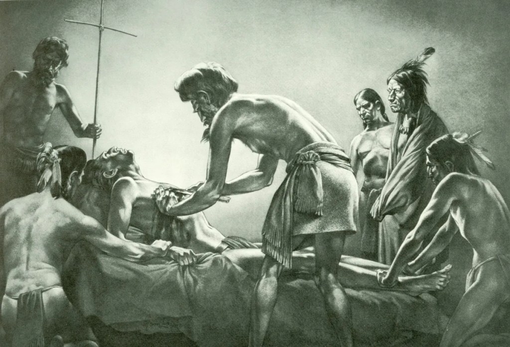 Dibuix de l'extracció de la fletxa del tòrax d'un indi
(La primera operació quirúrgica registrada a Amèrica del Nord, Tom Lea, 1965)
